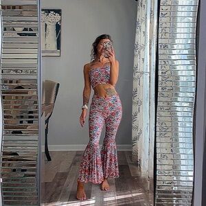 Red and Blue Boot Cut Flare Jumpsuit